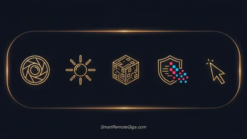 Five icons in a row representing the tips for creating photorealistic AI images: a camera lens, a sun for lighting, a rendering cube, a shield for negative prompts, and a cursor for choosing a tool.