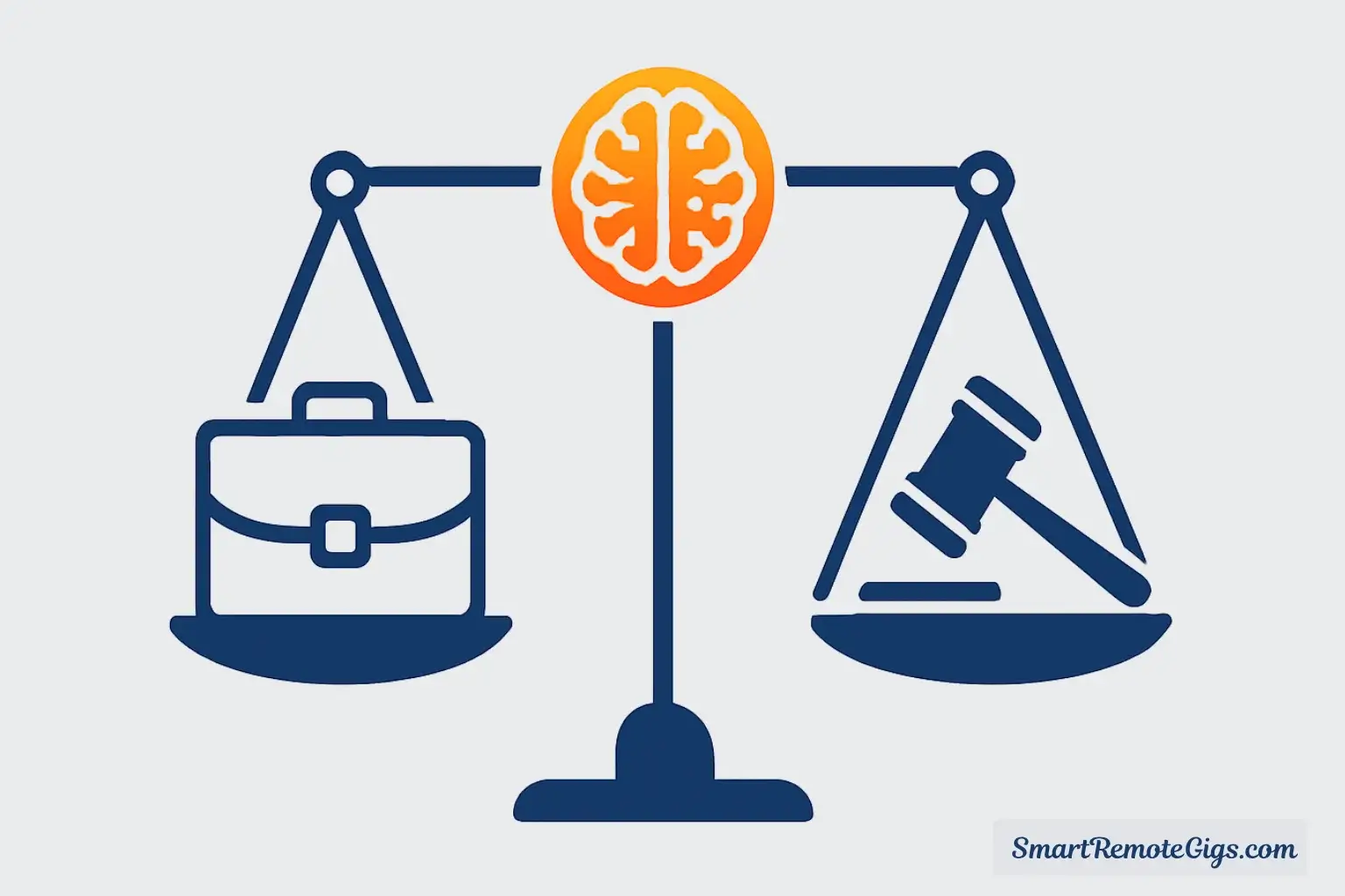 Illustration of a legal scale balancing a briefcase and a gavel with an AI brain in the center, representing the guide to whether free AI tools are safe for commercial use.
