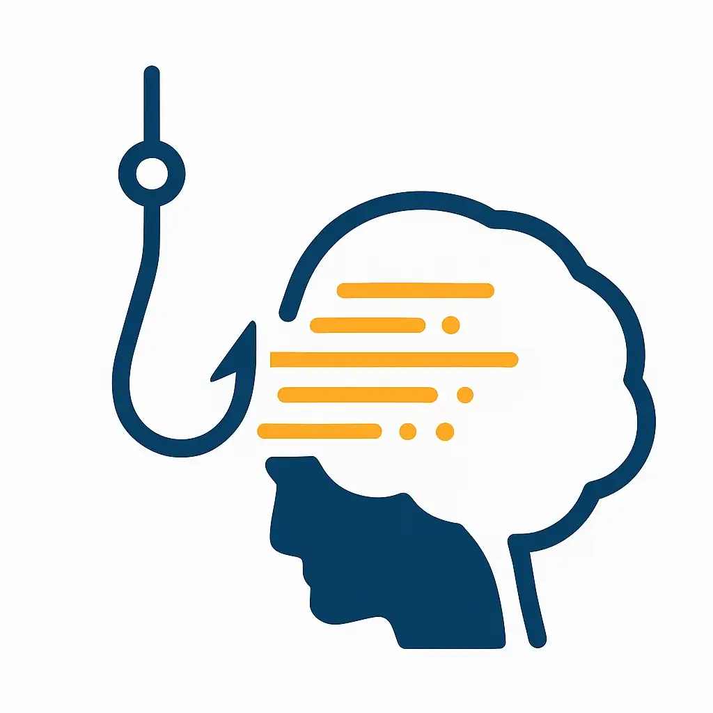 Icon of a fishing hook pulling data from a brain, representing the data privacy risks and hidden costs of free AI tools.
