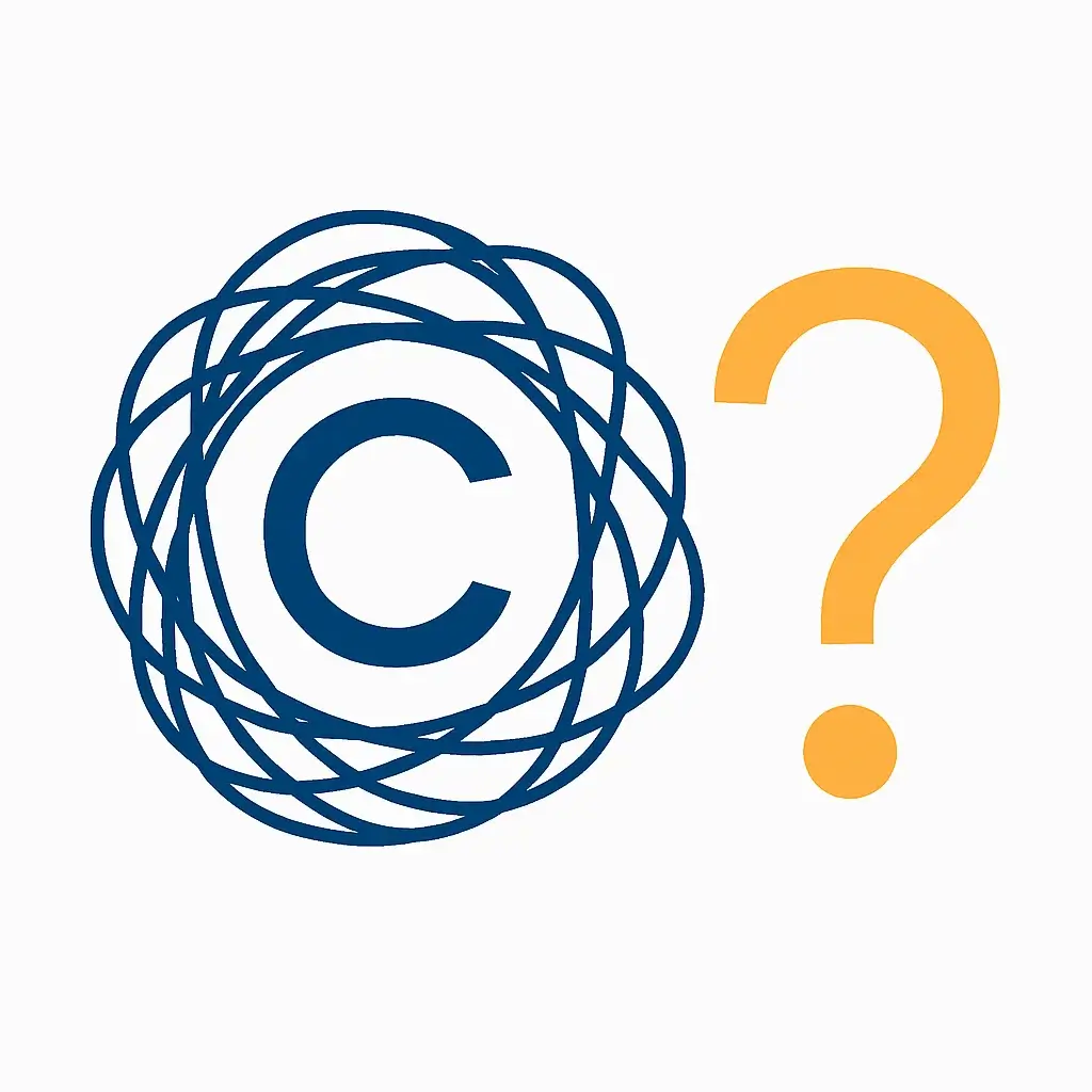 Icon of a confusing, tangled copyright symbol, representing the hidden cost of vague licensing and commercial use restrictions with free AI tools.