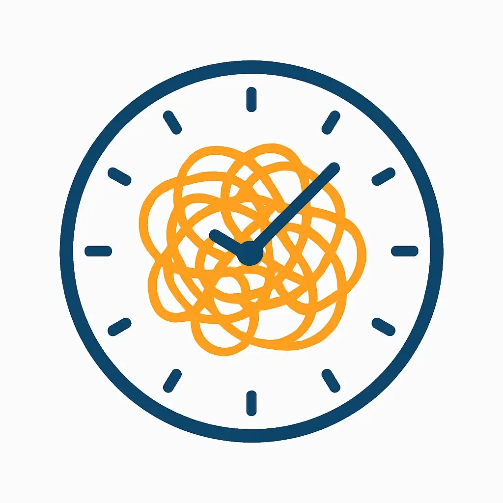 Icon of a clock with tangled hands, representing the hidden time cost and rework required when using lower-quality free AI tools.