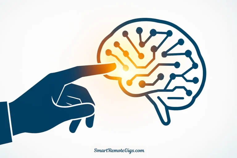 Illustration of a human hand interacting with a glowing orange AI brain network, symbolizing the unfair advantage gained from using free AI tools.