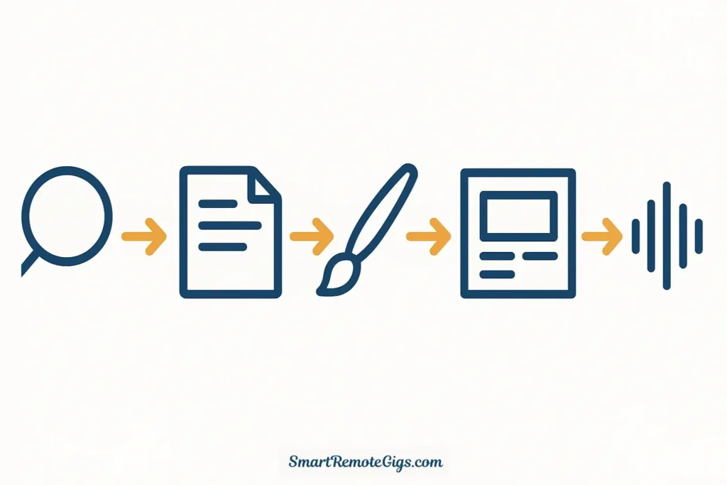 Flowchart diagram showing icons for research, writing, art, design, and audio connected by arrows, representing the workflow of chaining free AI tools together.