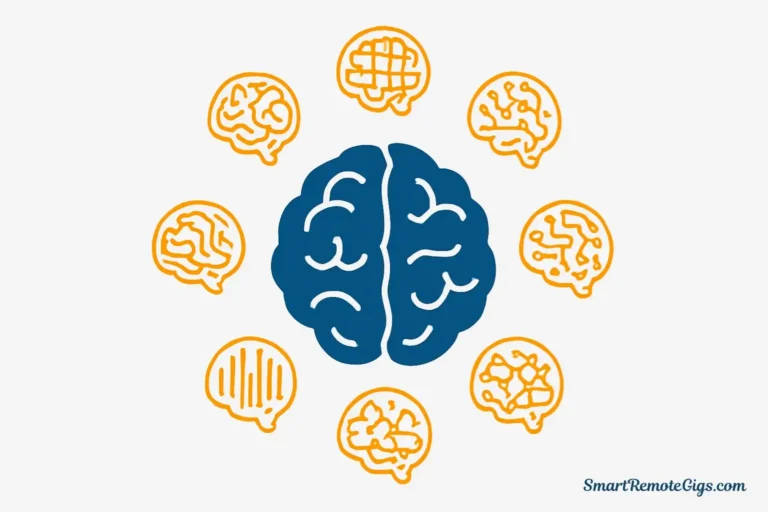 Illustration of a central blue brain icon surrounded by 7 unique orange brain icons, representing the best free ChatGPT alternatives.