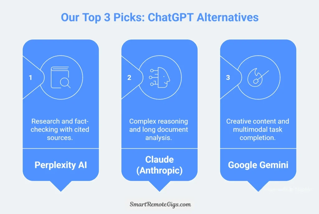 Comparison graphic showing the top 3 free ChatGPT alternatives: Perplexity AI for research, Claude for complex tasks, and Google Gemini for creative content.