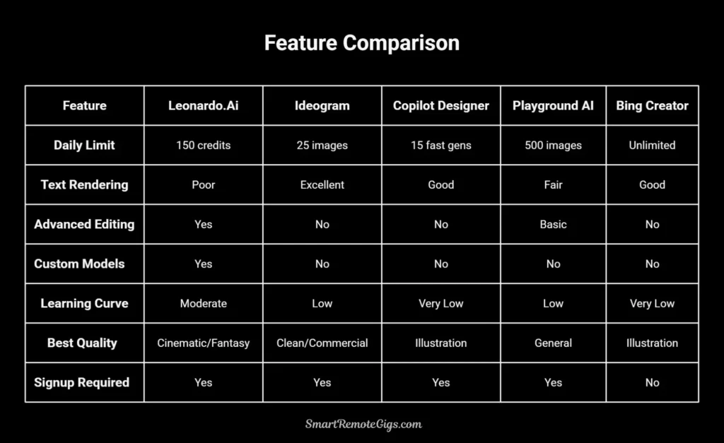 Infographic table comparing 5 free Midjourney alternatives, including Leonardo.Ai and Ideogram, across features like daily limits, text rendering, and best use case.