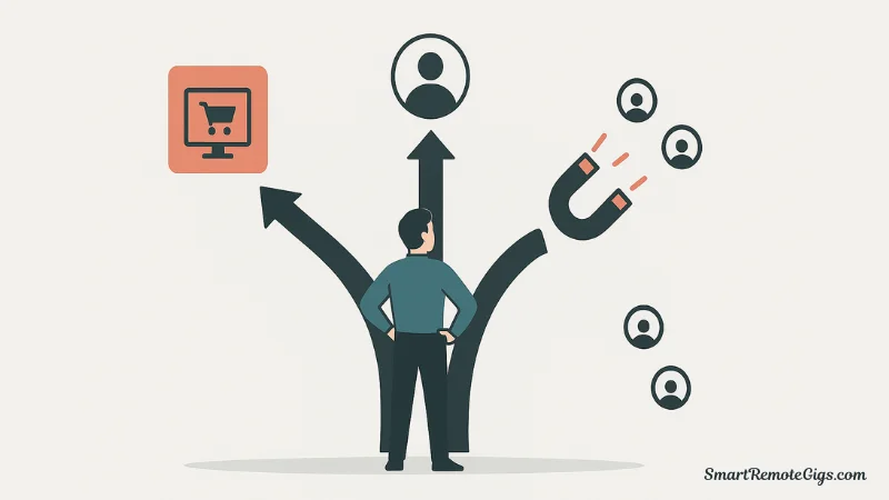 Illustration showing a freelancer choosing between three client acquisition channels: marketplaces, direct outreach, and inbound marketing.