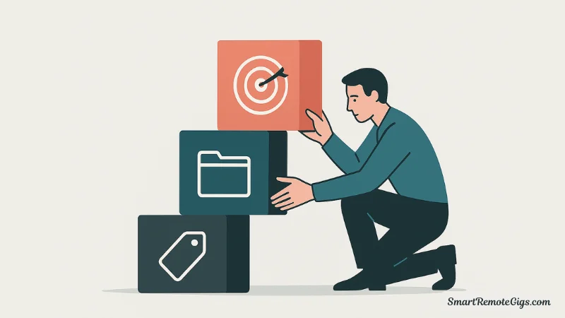 Illustration of a freelancer building a strong foundation with blocks representing a portfolio, niche, and pricing.