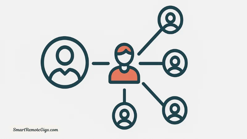 Illustration showing how one satisfied client can lead to three new referrals, creating a powerful referral engine for a freelancer.