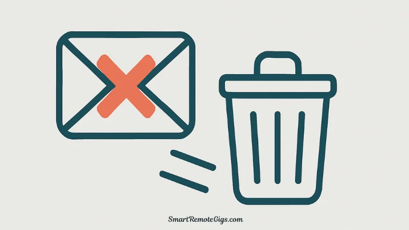 Illustration of a failed cold pitch email being thrown into a trash can, representing common mistakes to avoid.
