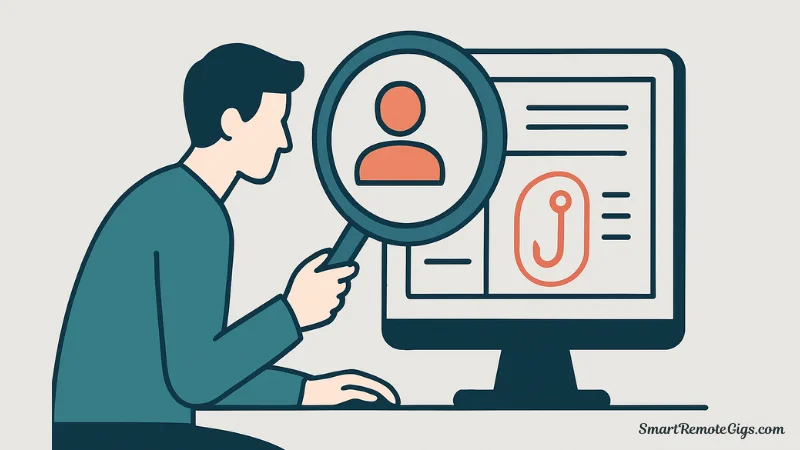 Illustration of a freelancer researching a client's profile with a magnifying glass before writing a cold pitch.