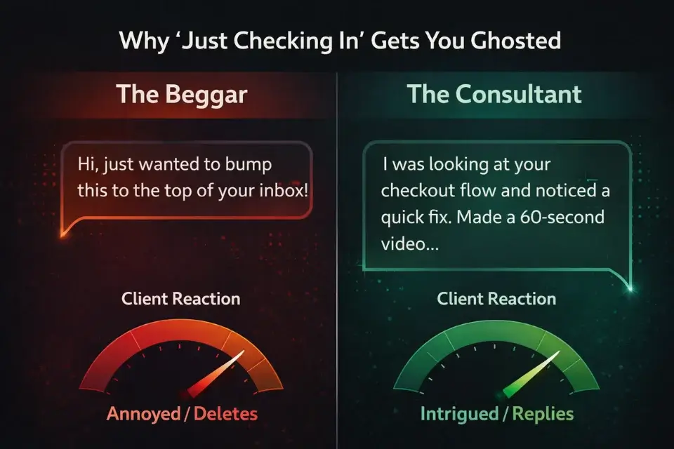 An infographic contrasting a desperate 'just checking in' follow-up email with a high-value consultant follow-up.