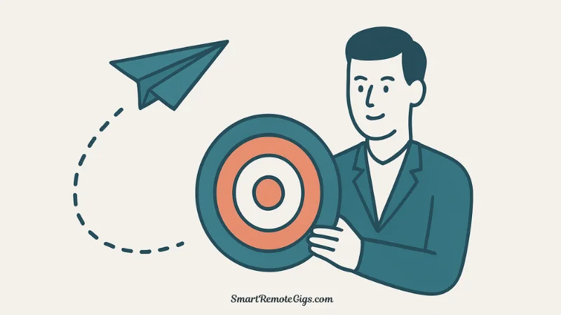 Illustration of a perfect freelance pitch, represented as a paper airplane, successfully hitting its target client.