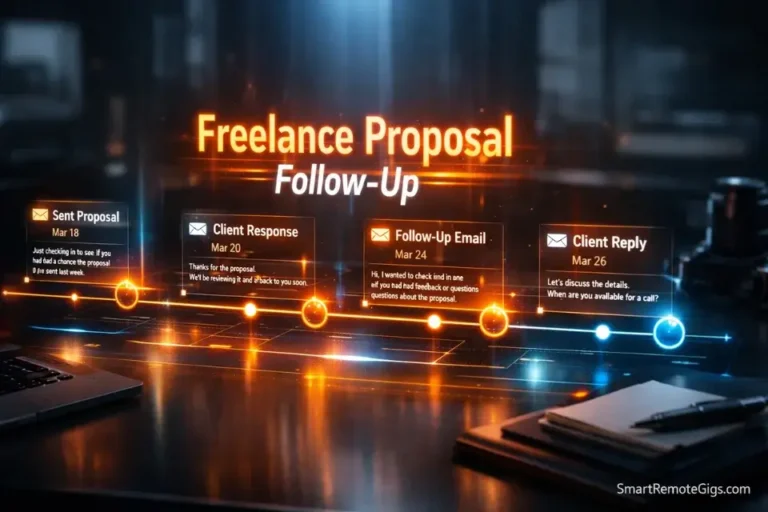3D cinematic rendering of the text Freelance Proposal Follow-Up hovering over a futuristic digital email timeline.