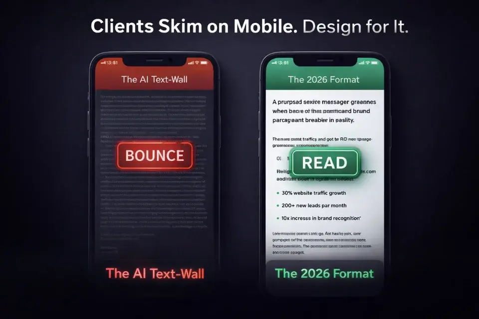 A side-by-side mobile phone mockup comparing a dense, unreadable text-wall proposal to a well-formatted, scannable proposal.