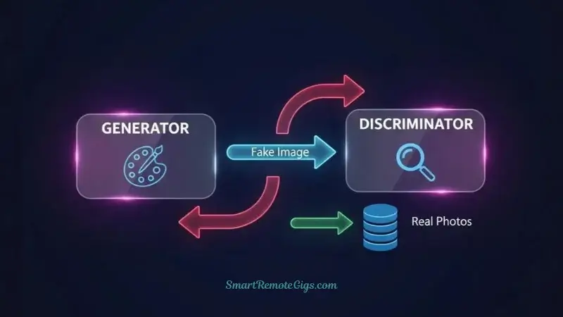 A diagram explaining how GANs work, showing the Generator (artist) and Discriminator (critic) in a competitive feedback loop.