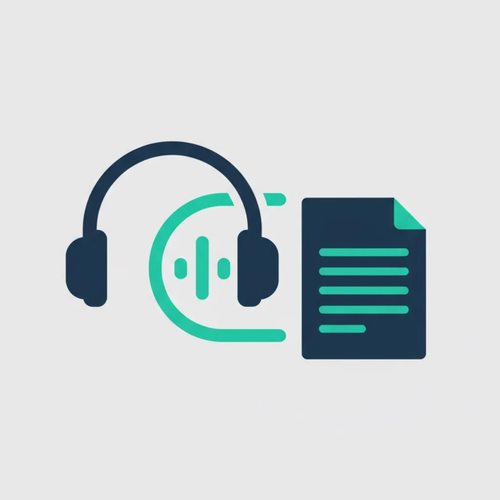 A minimalist icon of headphones with a soundwave leading to a text document, representing transcription work.