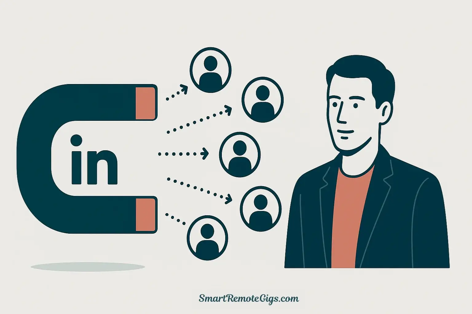 Illustration of a LinkedIn logo shaped like a magnet attracting freelance clients, symbolizing a non-spammy guide to getting work.