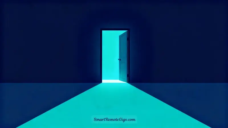 An illustration of a welcoming, open door with a path leading through it, symbolizing GoTranscript as an accessible entry point for beginners.
