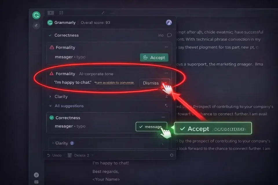 A screenshot of the Grammarly interface demonstrating how to dismiss overly formal tone suggestions to maintain a human voice in a freelance pitch.