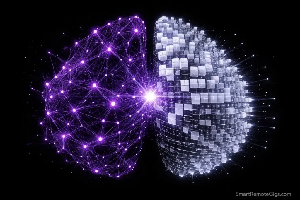 A digital brain split between an organic neural network and a structured database grid.