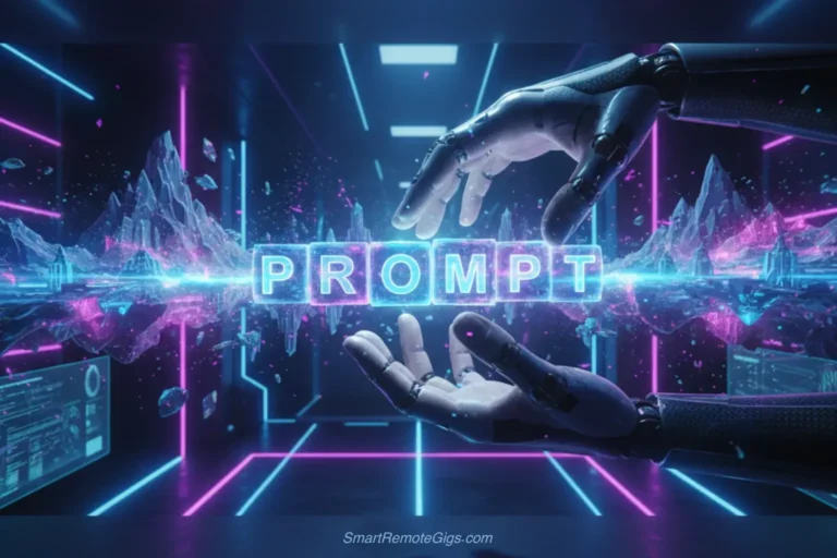 A human hand and a robot hand collaboratively arrange glowing word blocks to create a beautiful landscape, symbolizing a guide to writing effective AI art prompts.