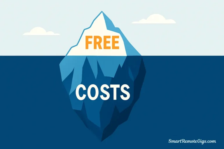 Illustration of an iceberg with 'FREE' on the tip and 'COSTS' on the massive hidden part below, symbolizing the hidden costs of free AI tools.