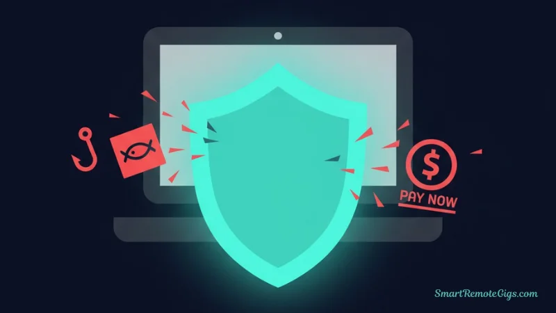 Illustration of a glowing shield protecting a computer from red warning icons, symbolizing how to apply safely for remote jobs and avoid scams.