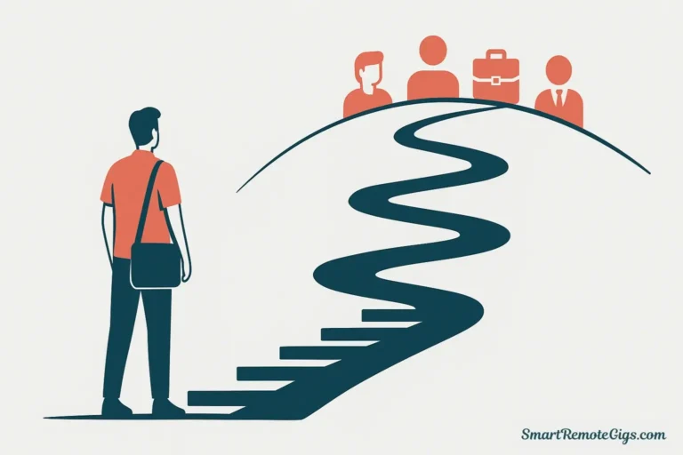 Illustration of a freelancer following a 7-step roadmap to find new clients, representing a clear guide for beginners.