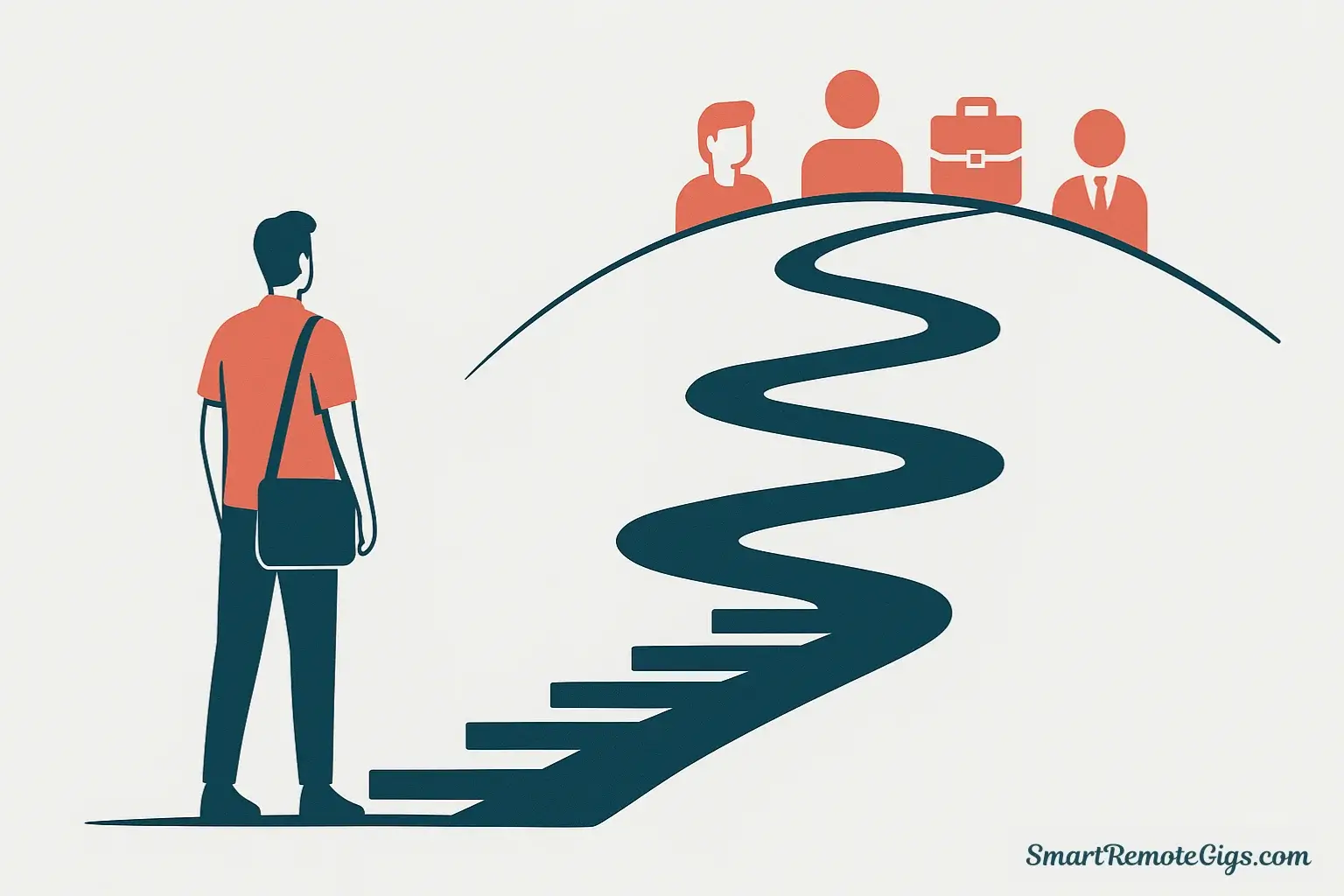 Illustration of a freelancer following a 7-step roadmap to find new clients, representing a clear guide for beginners.