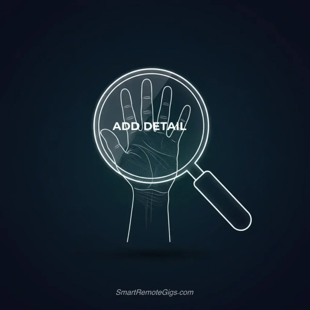 A graphic illustrating how to fix AI hands by describing them in detail, showing a magnifying glass adding detail to a simple hand.