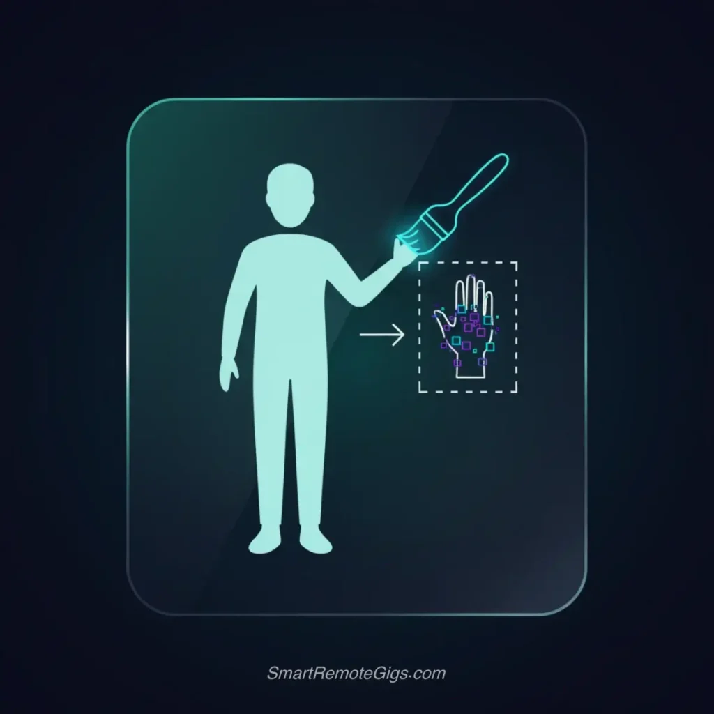 A graphic illustrating how to fix AI hands with inpainting, showing a digital paintbrush selecting and regenerating a flawed hand in an image.