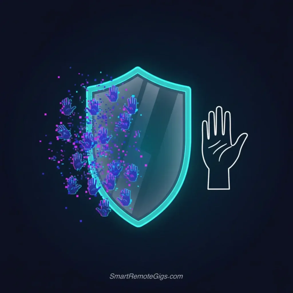 A graphic illustrating the use of negative prompts to fix AI hands, showing a shield protecting a perfect hand from deformed, glitchy hands.