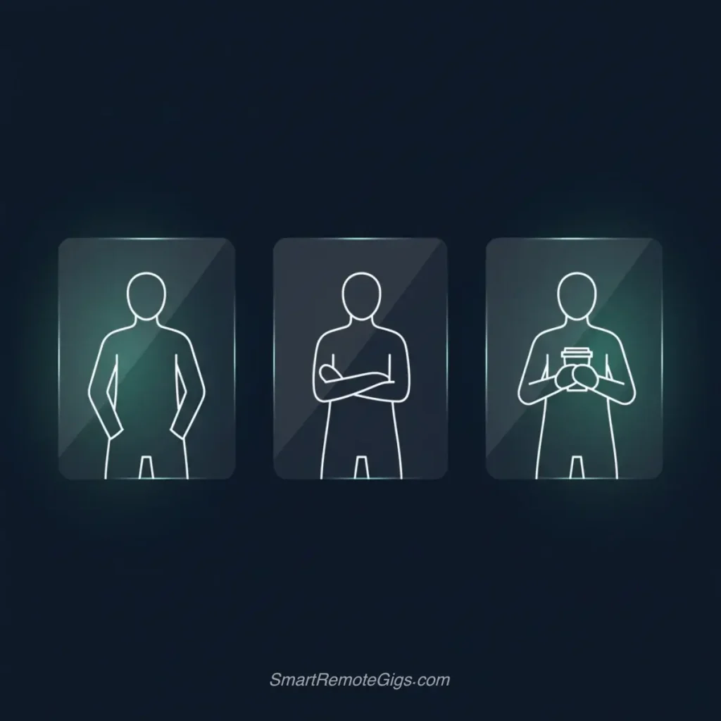 A graphic illustrating hand-positive poses to fix AI hands, showing a character with hands in pockets, arms crossed, and holding a cup.
