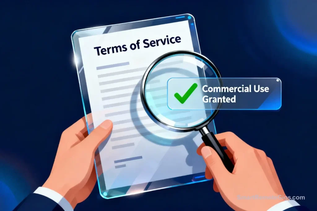 A graphic for step 1 of using AI art commercially, showing a person reviewing a Terms of Service document with a magnifying glass.