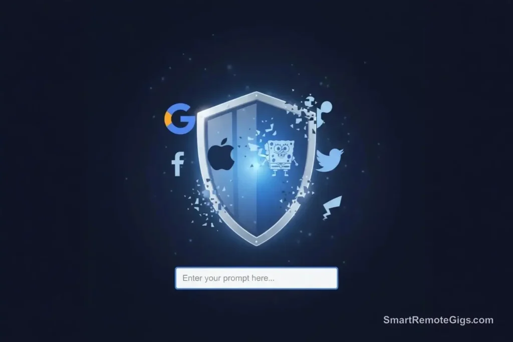 A graphic for step 2 of using AI art commercially, showing a shield blocking trademarked logos and characters from an AI prompt.