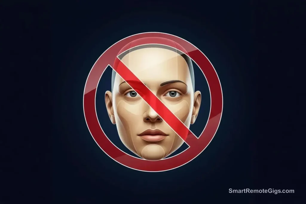 A graphic for step 3 of using AI art commercially, showing a 'prohibited' symbol over a realistic face to represent avoiding real people's likenesses.