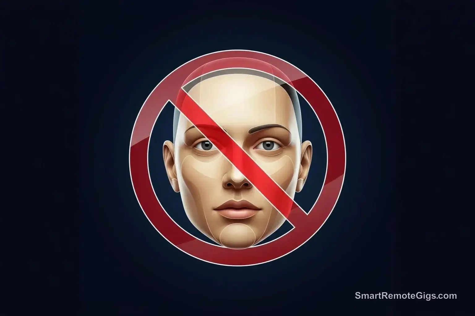 A graphic for step 3 of using AI art commercially, showing a 'prohibited' symbol over a realistic face to represent avoiding real people's likenesses.
