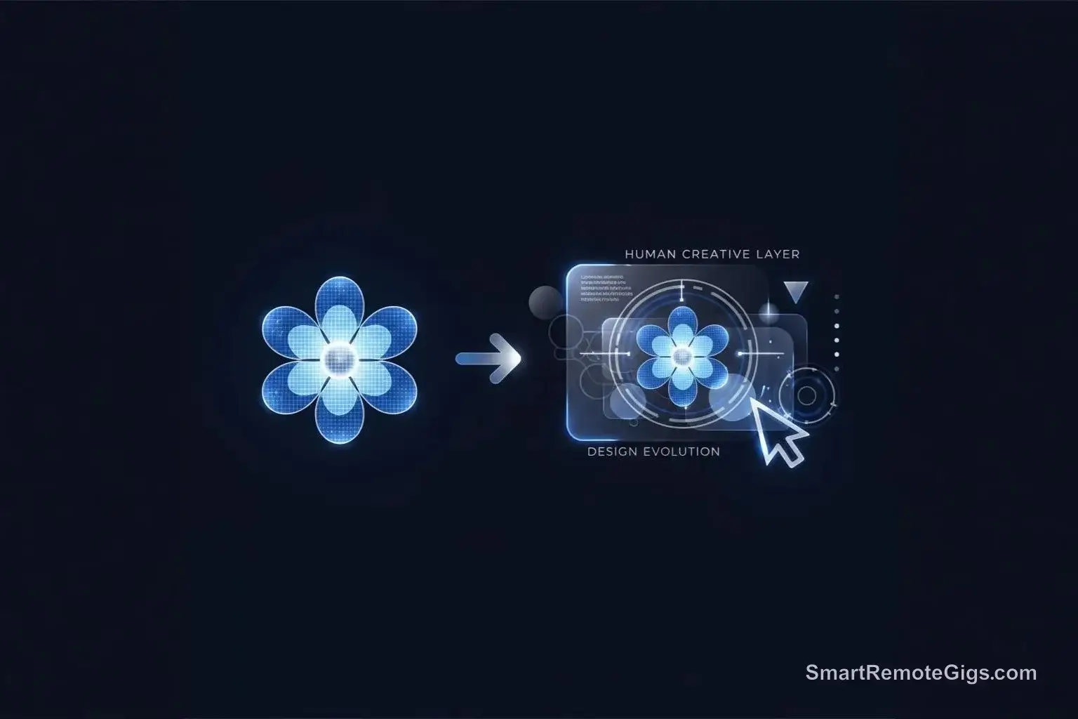 A graphic for step 4 of using AI art commercially, showing an AI-generated flower being transformed into a complex design, representing human authorship.