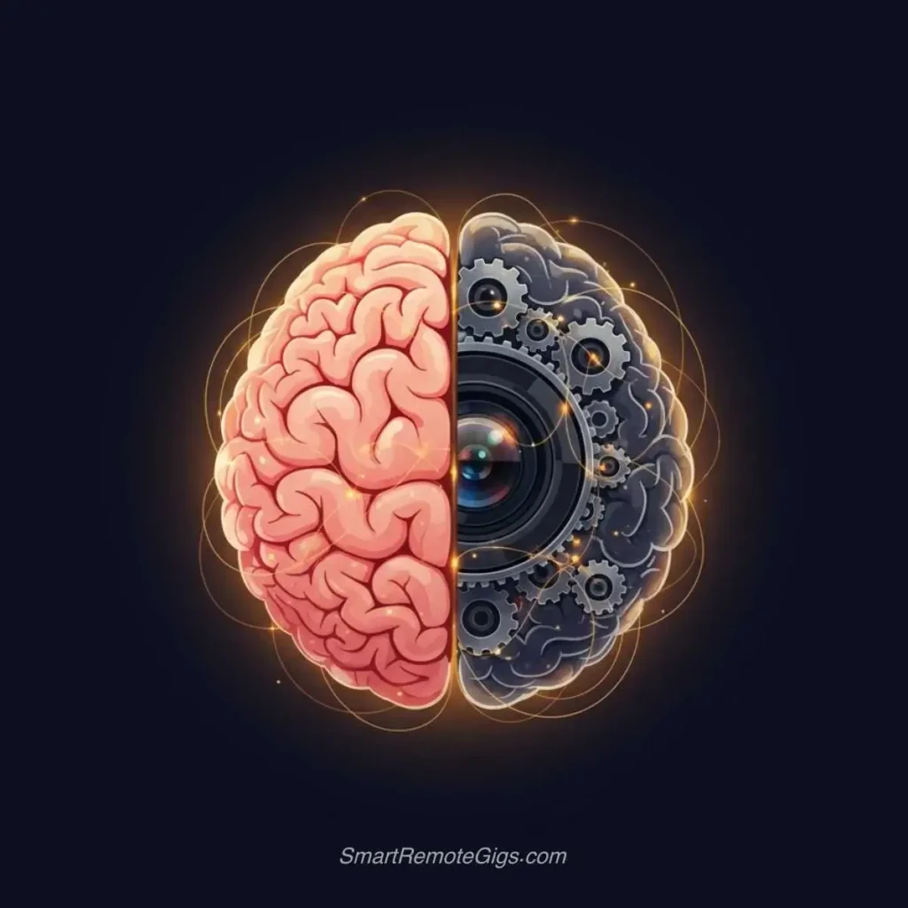 A graphic for step 1 of creating photorealistic images, showing a brain merged with a camera lens to symbolize speaking the language of photography.
