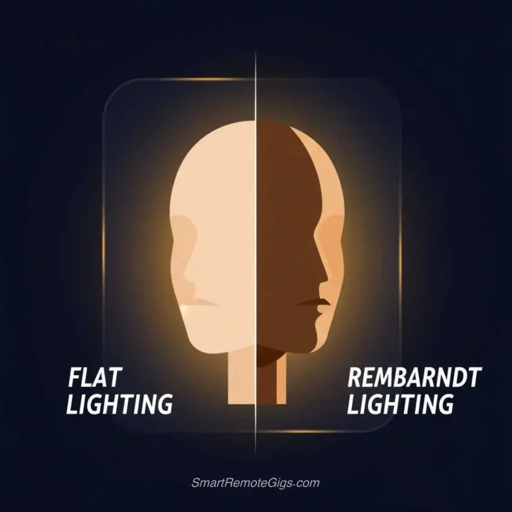 A graphic for step 2 of creating photorealistic images, comparing a face with flat lighting to one with dramatic, professional lighting.