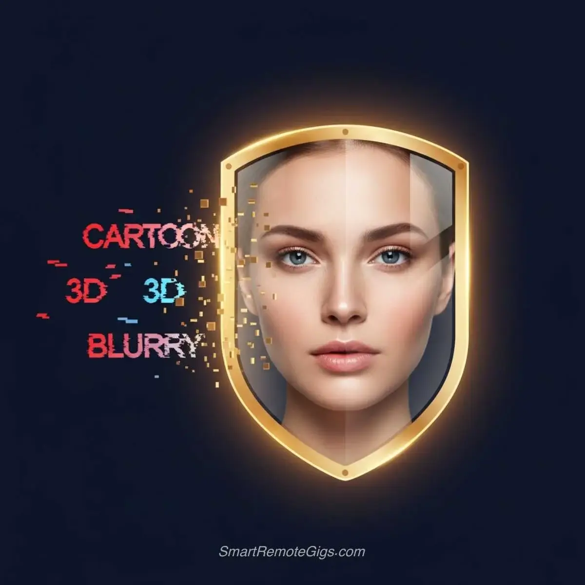 A graphic for step 4 of creating photorealistic images, showing a shield protecting a portrait from undesirable terms like 'cartoon' and 'blurry'.