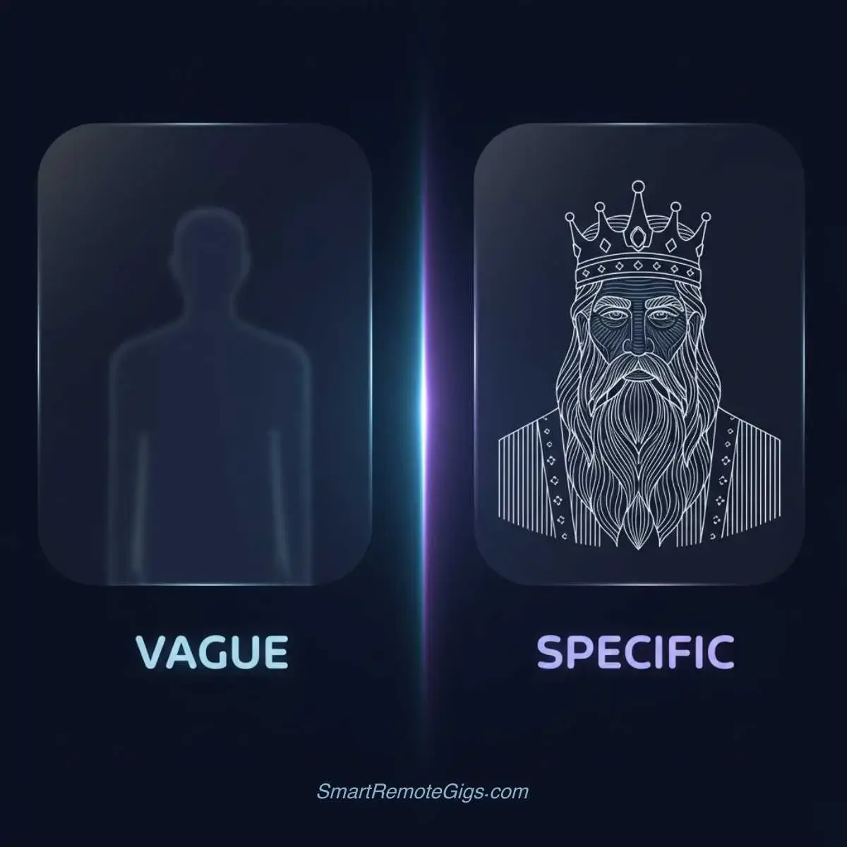 A graphic illustrating the first step of writing an AI prompt: defining a specific subject, contrasting a vague shadow with a detailed drawing of a king.