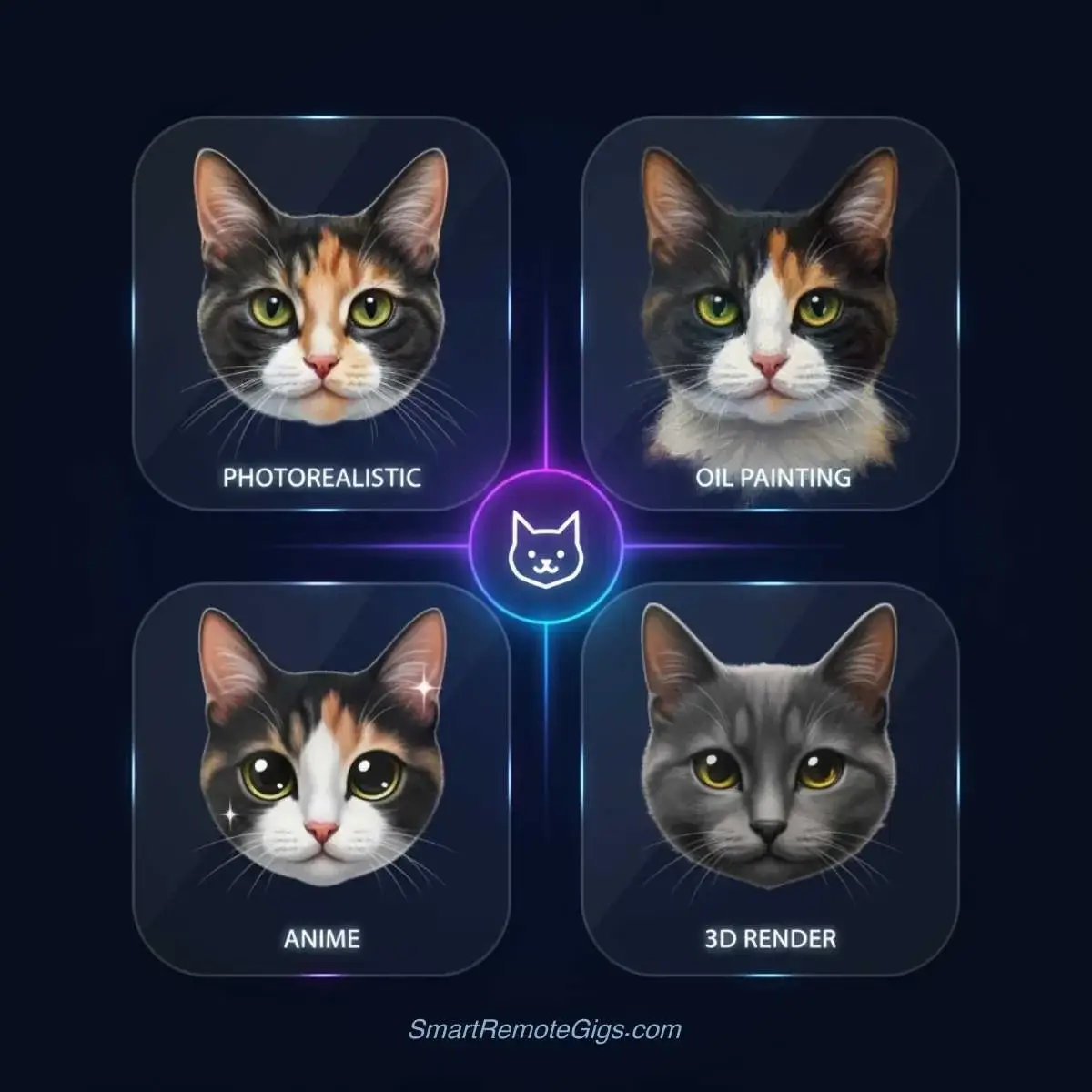 A graphic illustrating the second step of AI prompting: choosing a style, showing a cat rendered as photorealistic, a painting, anime, and a 3D model.