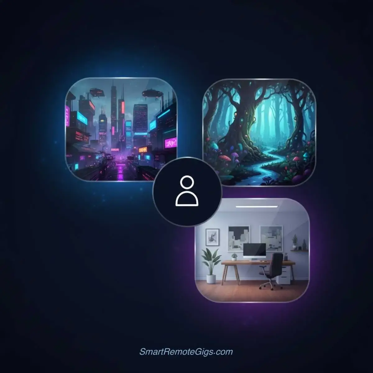 A graphic illustrating the third step of AI prompting: establishing a setting, showing a person with different environments like a city and a forest swirling around them.