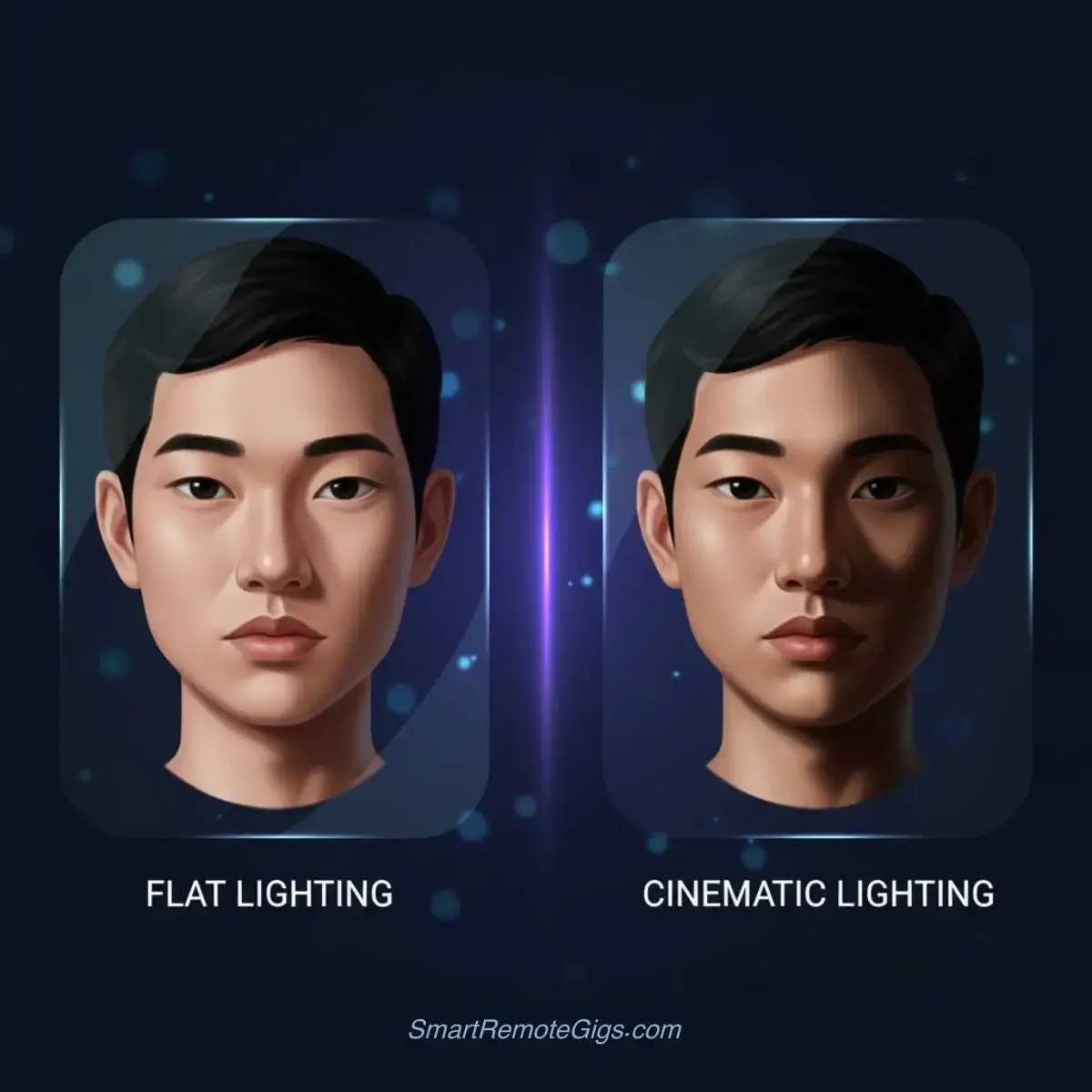 A graphic illustrating the fourth step of AI prompting: setting the lighting, showing a face with flat lighting versus dramatic, cinematic lighting.