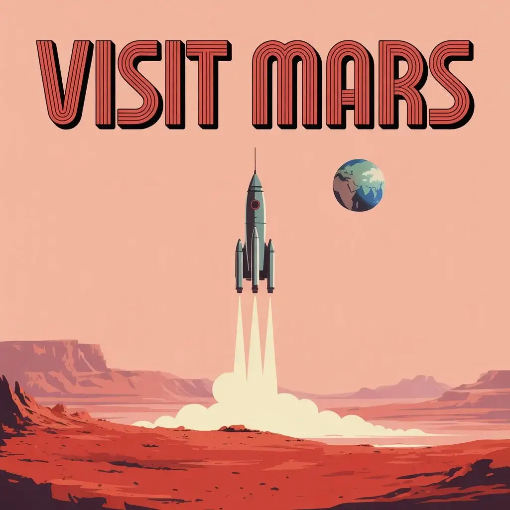 Vintage travel poster created with Ideogram AI that says 'VISIT MARS,' demonstrating its excellent text rendering as a Midjourney alternative.