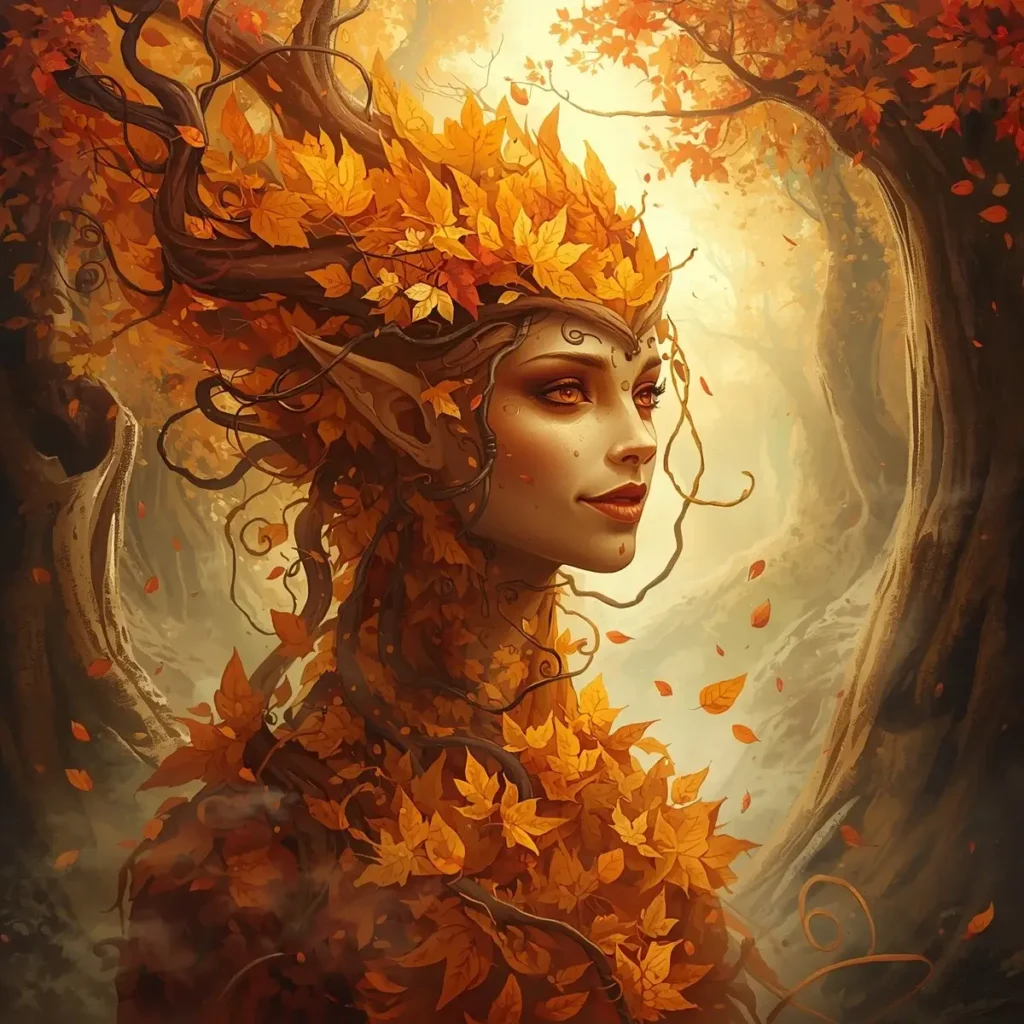 Atmospheric AI art of an ethereal forest spirit made of leaves, generated by Leonardo.Ai to showcase its quality as a free Midjourney alternative.