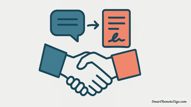 Illustration of a handshake between a freelancer and client, showing a successful conversion from a LinkedIn conversation to paid work.