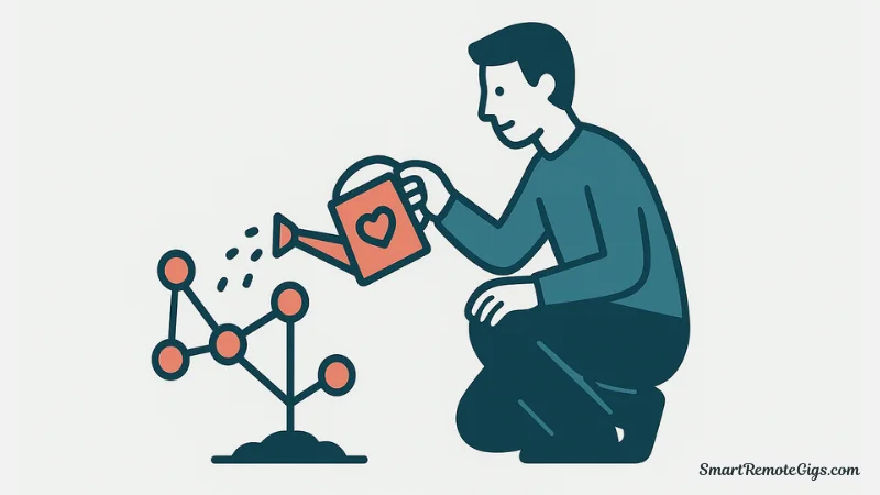 An illustration of a freelancer nurturing their LinkedIn network by providing value, depicted as watering a garden of connections.